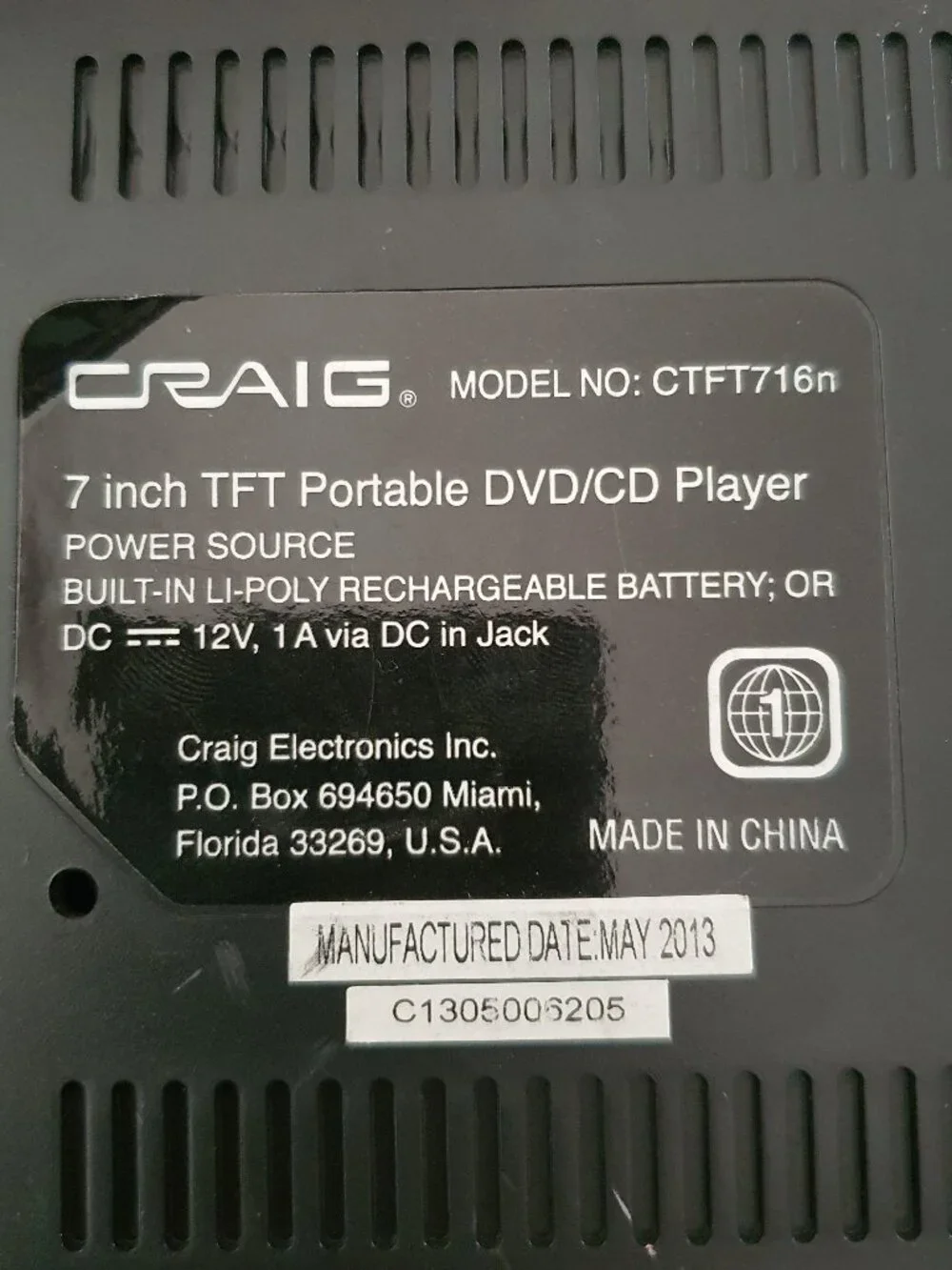 Craig Blue Portable DVD/CD Player 7-inch Swivel Screen CTFT716